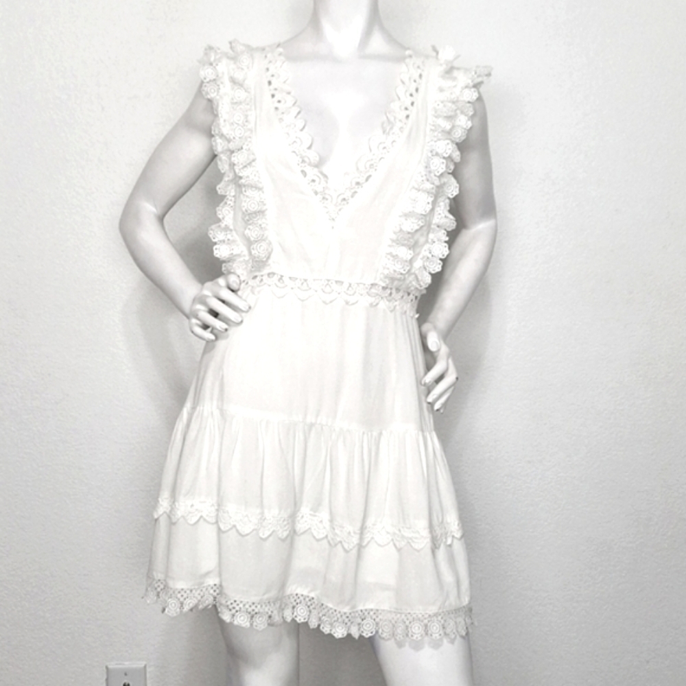 Entro White Ruffle Eyelet Coquette Romantic V-Neck Cottagecore Mini Dress Size L - Picture 2 of 16